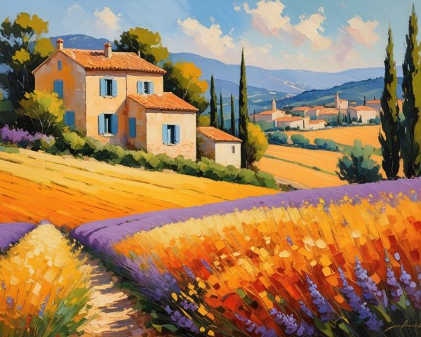 Vibrant Countryside Scene with Stone House and Lavender Fields