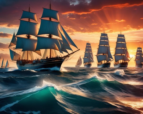 Tall Ships Sailing Through Sunset Waves