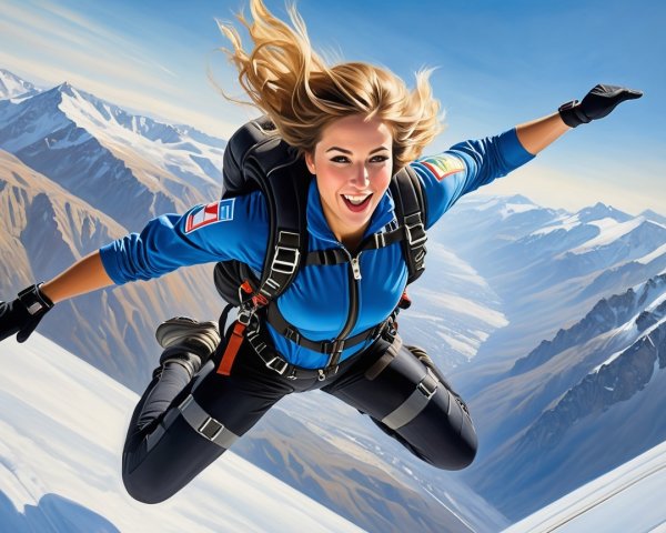 Woman in blue jacket skiing in snowy mountains