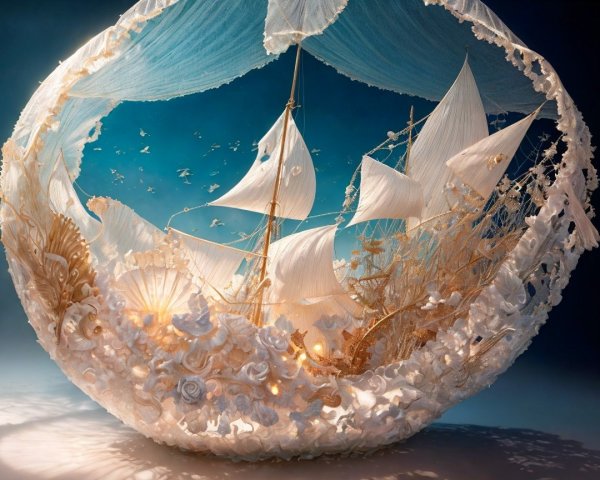 Ethereal Diorama of a Sailing Ship with Shells and Waves