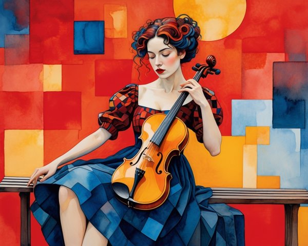 Stylized Female Figure Playing Violin in Vibrant Colors