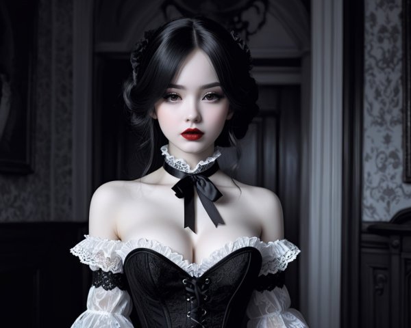 Elegant Young Woman in Black and White Corset Dress