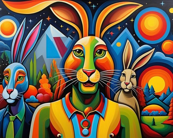 Cubist Painting of Rabbits in a Starry Landscape