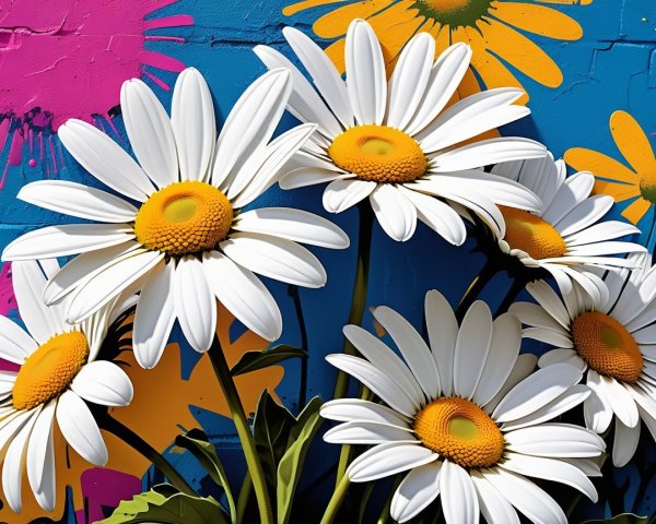 Vibrant Mural of Stylized Daisies on Blue Background
