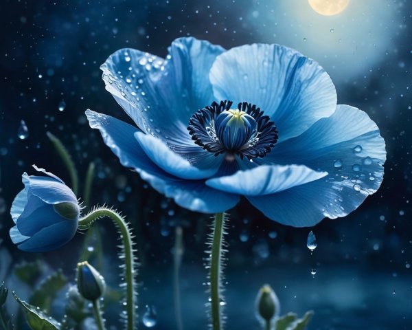 Serene Nighttime Scene with Blue Poppy Flowers