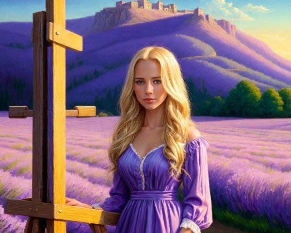 Young Woman in Purple Dress in Lavender Field
