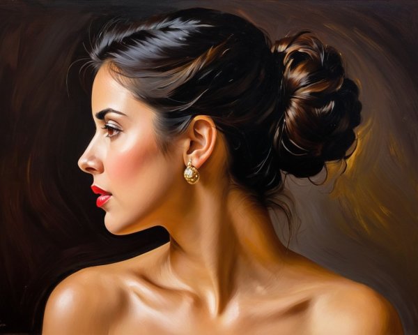 Close-Up Portrait of Woman with Messy Bun and Earring