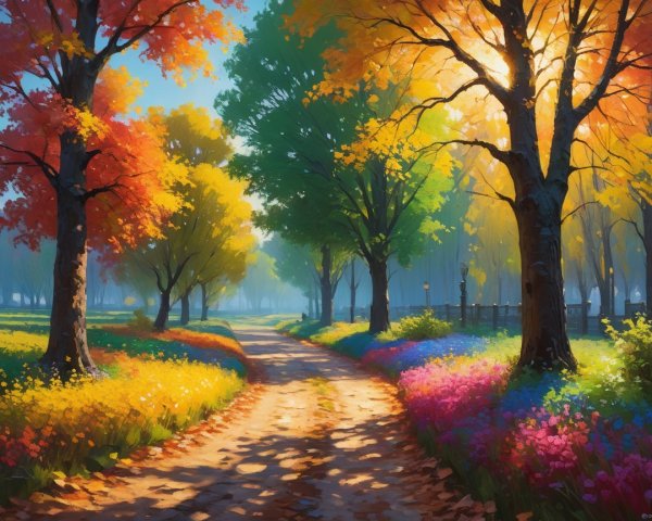 Sunlit Path Through Vibrant Autumn Forest Scene