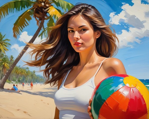 Vibrant Beach Scene with Woman and Colorful Beach Ball