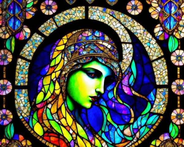 Vibrant Stained Glass Window of a Woman with Leaves