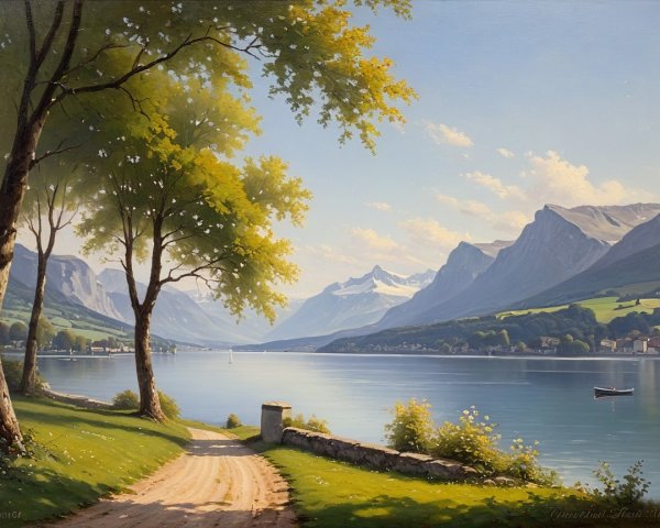 Tranquil Lake Surrounded by Majestic Mountains and Trees