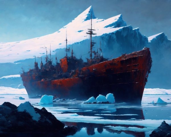 Dilapidated Ship in Icy Waters with Snowy Mountains