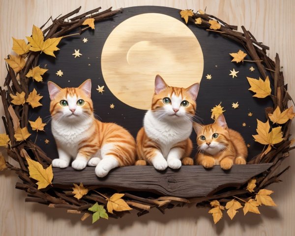 Adorable Orange Tabby Cats on Rustic Branch at Night