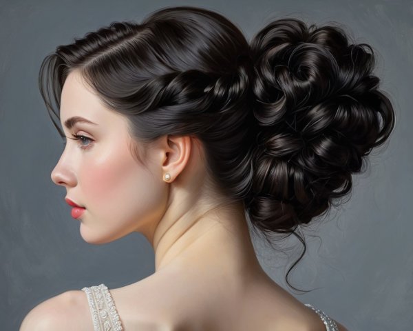 Profile of a Young Woman with Elegant Bun and Pearls