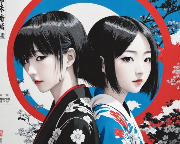 Young Women in Traditional Kimonos with Floral Patterns