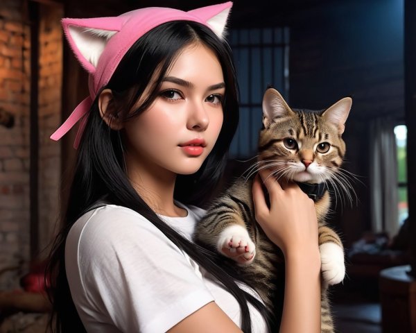 Young Woman with Cat in Cozy Rustic Interior