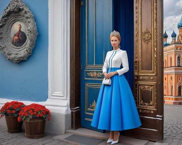 Elegant Woman in Blue Dress at Ornate Doorway