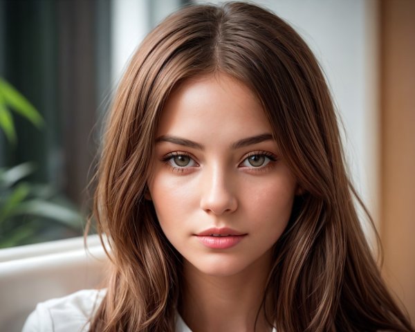 Young woman with brown hair and green eyes in soft light