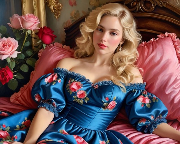 Young woman in blue dress on plush pink bed with roses