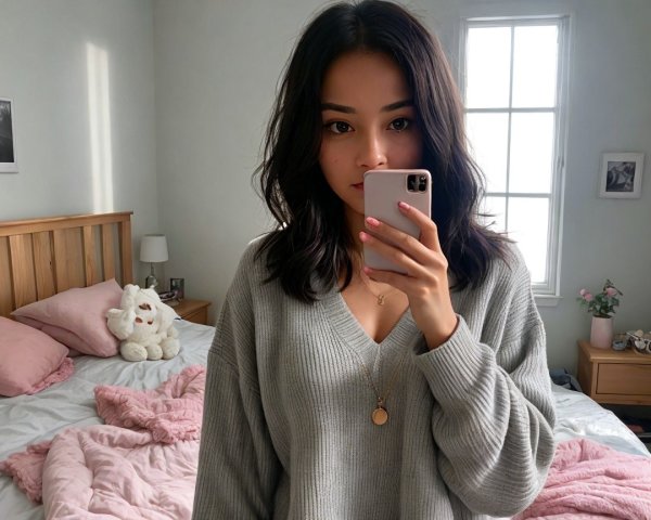 Young woman taking a selfie in a cozy room setting