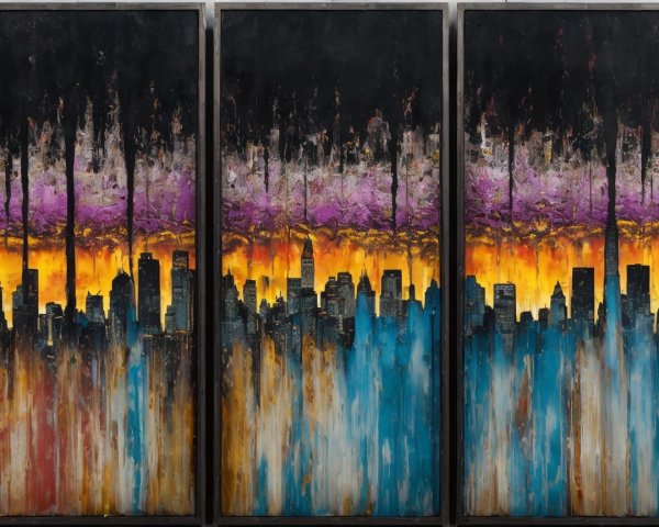 Vibrant Triptych Depicting Abstract Cityscape at Dusk