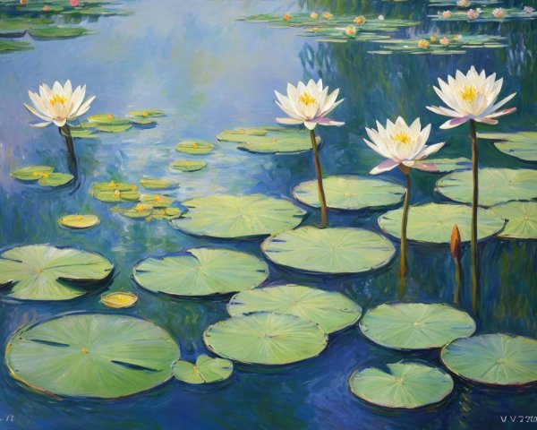 Water Lilies on a Tranquil Blue Pond Scene