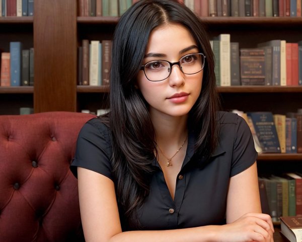 Young woman in library with books and thoughtful expression