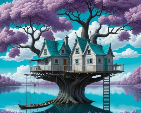 Whimsical Treehouse Among Purple Trees and Lake