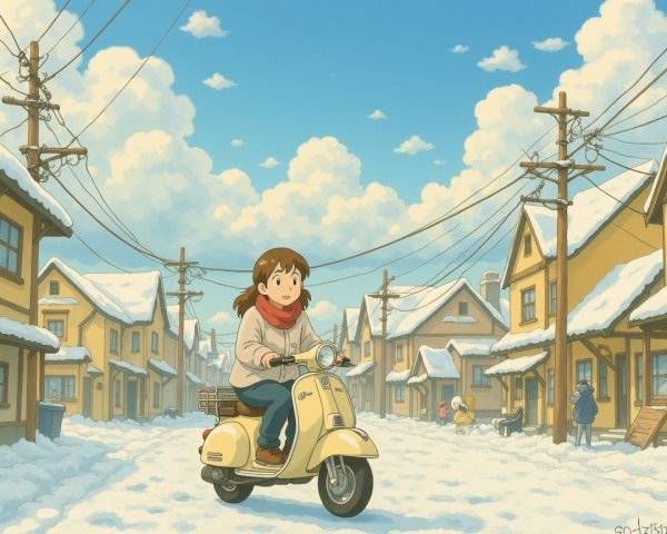 Young girl on vintage scooter in snowy street scene