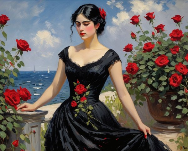 Serene Woman in Black Gown Among Red Roses