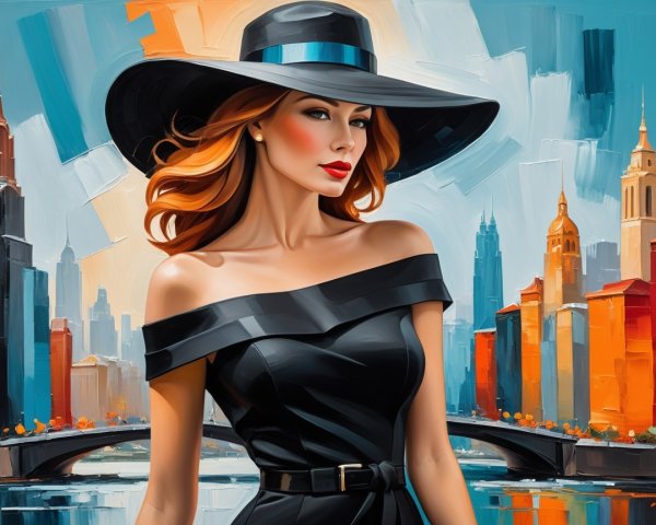 Fashionable Woman in Black Dress Against City Skyline