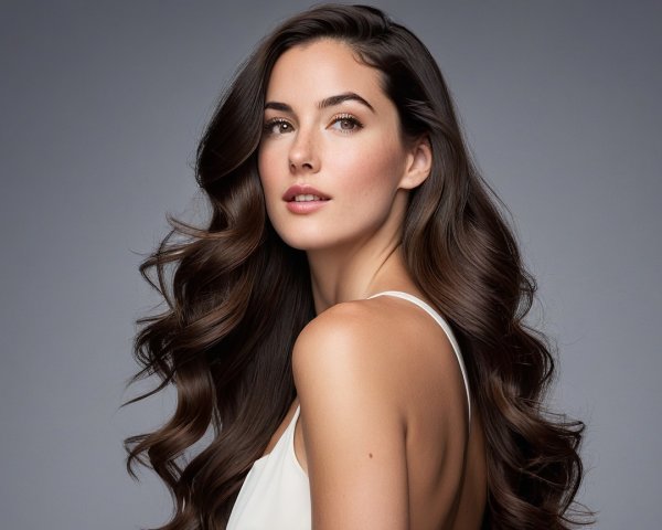Young woman with dark brown hair and radiant complexion