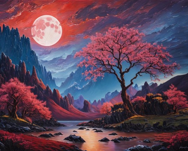 Vibrant Landscape with River, Moon, and Cherry Blossoms