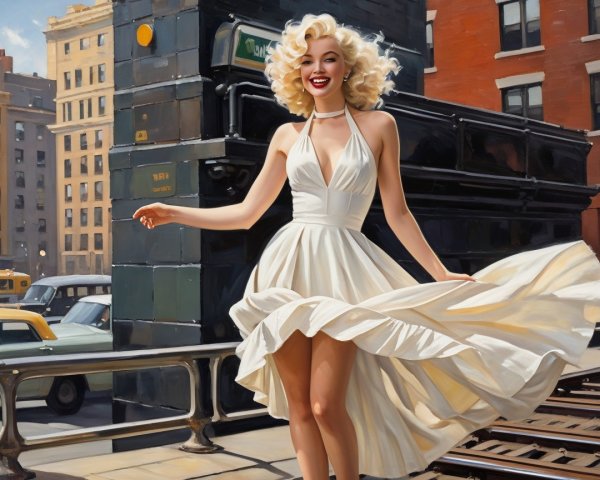 Joyful Woman in White Dress Twirling on City Street