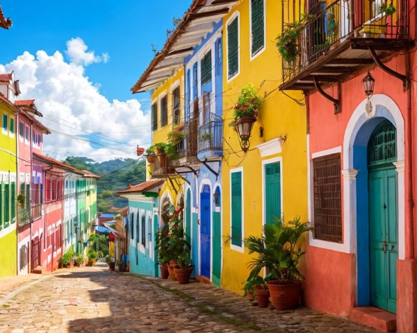 Vibrant Street with Colorful Buildings and Cobblestones