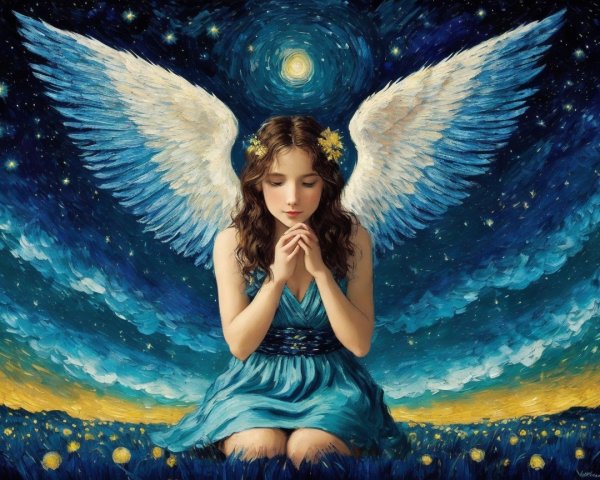 Serene Figure in Blue Dress with White Wings at Night