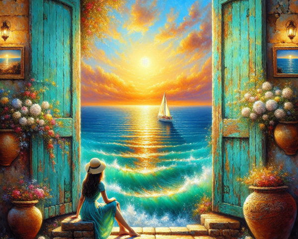 Young Woman at Doorway with Sunset and Ocean View