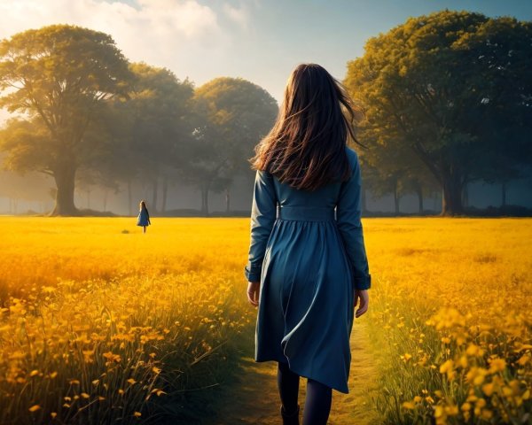 Woman in Blue Dress Walking Through Yellow Field