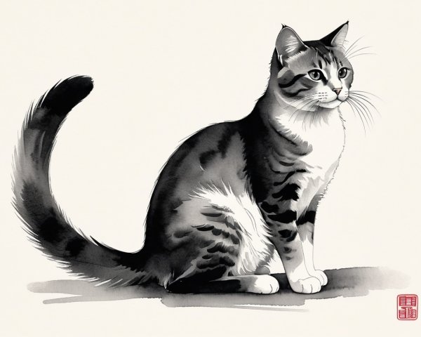 Black and white drawing of a graceful tabby cat