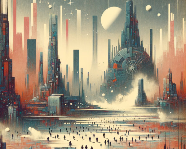 Futuristic cityscape with skyscrapers and silhouettes
