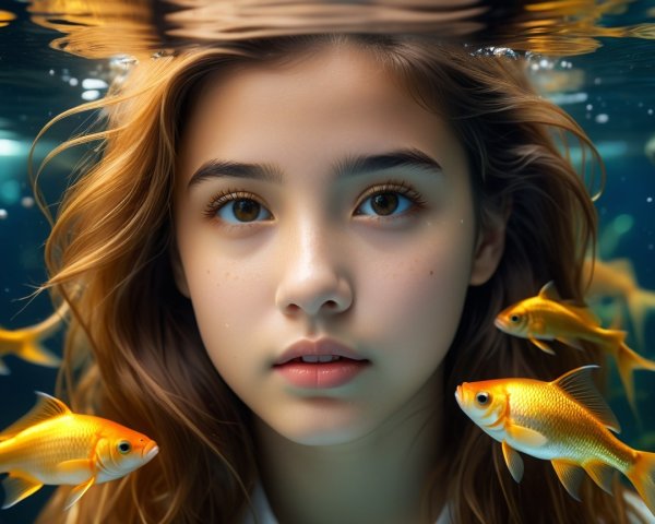 Young girl underwater with golden fish and soft light