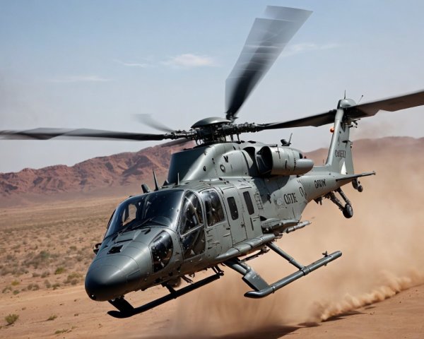Military Helicopter Over Dusty Desert Landscape