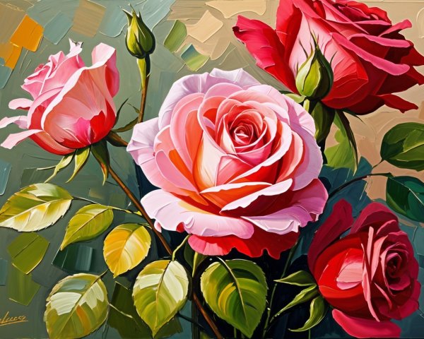 Vibrant Bouquet of Pink and Red Roses with Green Leaves