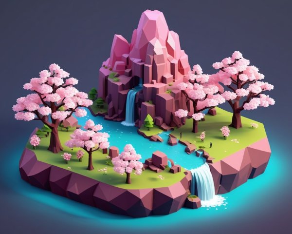 Vibrant Low-Poly Landscape with Pink Mountain and Waterfalls