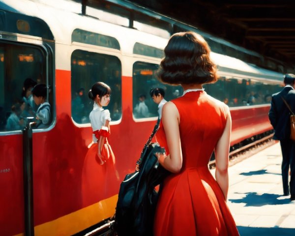 Woman in Red Dress at Busy Train Station Scene