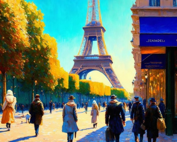 Parisian Avenue with Eiffel Tower and Autumn Colors