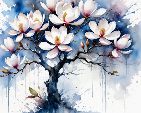 Vibrant Watercolor Painting of Magnolia Tree Blossoms