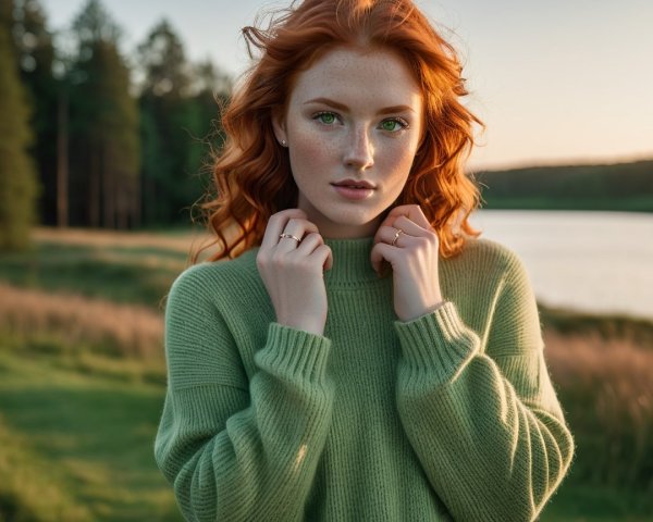 Young woman with red hair by serene lake at sunset