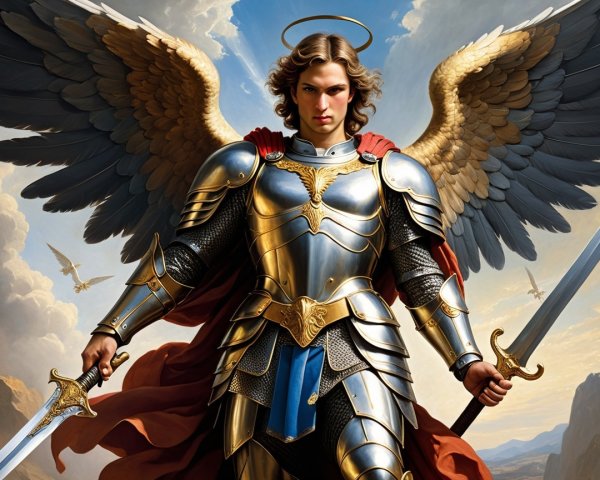 Golden Armored Figure with Wings and Halo in Sky