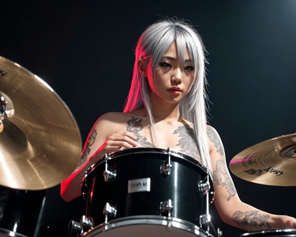 Drummer with Silver Hair Performs on Black Drum Set